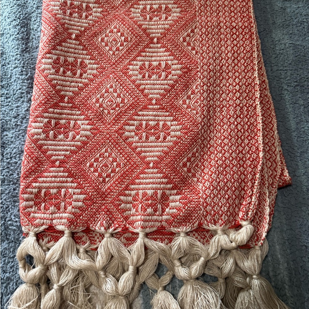New:  Red / Orange and Cream Woven Shawl with Tassels. Handmade